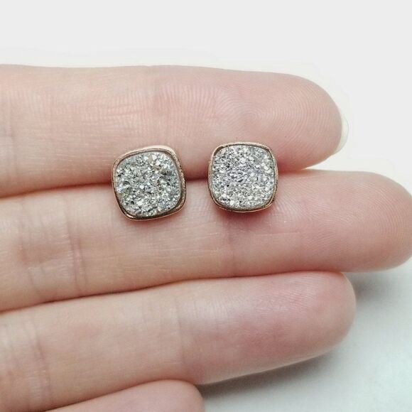 Vintage Sparkly Silver Tone and Rose Gold Tone Setting Square Stud Earrings - Picture 5 of 6